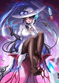 1girl absurdres asymmetrical_gloves barefoot black_claws black_hair black_pantyhose blue_fire breasts claws cleavage commentary_request cum cum_on_body cum_on_feet cum_on_legwear curvy demon_girl demon_horns dress fire gloves hat highres honkai:_star_rail honkai_(series) horns large_breasts long_hair looking_at_viewer mismatched_gloves mole mole_under_eye multicolored_hair pantyhose purple_eyes purple_hair sitting soles solo the_dahlia_(honkai:_star_rail) thick_thighs thighs toes two-tone_hair variant_set very_long_hair white_dress white_gloves white_hat zekong_pioneer