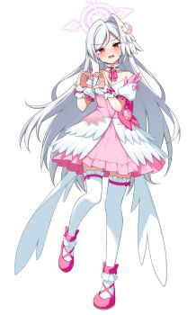 1girl bare_shoulders blue_archive blush bow dress full_body grey_hair halo heart heart_hands highres hoshino_reiji long_hair looking_at_viewer official_alternate_costume open_mouth pink_bow pink_dress pink_shoes puffy_short_sleeves puffy_sleeves red_eyes shoes short_sleeves simple_background solo standing suzumi_(blue_archive) suzumi_(magical)_(blue_archive) thighhighs very_long_hair white_background white_thighhighs white_wings wings zettai_ryouiki