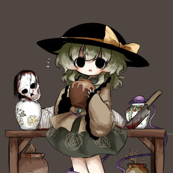:o black_eyes black_hat blood blood_stain bloody_weapon blush bow brown_background brown_shirt buttons cleaver commentary_request corpse cowboy_shot diamond_button frilled_shirt_collar frilled_sleeves frills green_hair green_skirt hat hat_bow heripantomorrow holding_vase komeiji_koishi long_hair parted_lips shirt simple_background skirt skull third_eye touhou vase weapon yellow_bow
