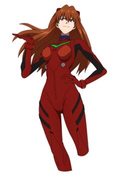 Rule 34 | 1girl, blue eyes, bodysuit, breasts, brown hair, cowboy shot, curvy, hand in own hair, hand on own hip, highres, lips, mecha pilot suit, neon genesis evangelion, plugsuit (evangelion), popo92 z, red bodysuit, simple background, skin tight, smile, solo, souryuu asuka langley, tsundere, two side up, white background, wide hips