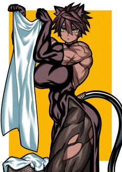 Rule 34 | 1girl, abs, absurdres, ahoge, animal ears, bare shoulders, basket, brown hair, cross scar, detached sleeves, dress, film grain, highres, hug, mao (yotaro), muscular, muscular female, original, pantyhose, scar, short hair, tail, tomboy, torn clothes, towel, yellow background, yellow eyes, yotaro