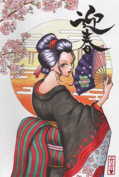 1girl 2020 black_hair black_kimono cherry_blossoms circle closed_mouth commentary_request fingernails floral_print floral_print_kimono geisha green_sash hair_ornament hand_fan highres holding holding_fan japanese_clothes kimono long_fingernails looking_back nico_robin nico_robin_(wano) obi official_alternate_costume one_piece op_rentalaw print_kimono red_lips red_sash sash solo striped_sash traditional_media