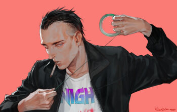 1boy black_hair black_jacket blue_eyes cigarette ctkcave english_text holding_tape jacket leather leather_jacket male_focus mohawk open_clothes open_jacket original print_shirt red_background shirt short_hair simple_background smoking solo white_shirt