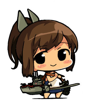1girl barefoot black_eyes blue_one-piece_swimsuit blush brown_eyes brown_hair chibi chibi_only commentary i-401_(kancolle) japanese_flag kantai_collection looking_at_viewer one-piece_swimsuit orange_sailor_collar ponytail rigging sailor_collar shirt simple_background sleeveless sleeveless_shirt smile solo swimsuit swimsuit_under_clothes tan white_background yagumo_kengou
