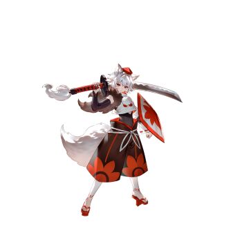 1girl adapted_costume animal_ear_fluff animal_ears black_pants closed_mouth covered_navel detached_sleeves full_body game_cg geta grey_hair hat highres holding holding_sword holding_weapon inubashiri_momiji looking_at_viewer non-web_source official_art pants pom_pom_(clothes) red_eyes ribbon-trimmed_sleeves ribbon_trim second-party_source shield short_hair solo sword tail tengu-geta toes tokin_hat touhou touhou_gensou_eclipse transparent_background u_u_zan weapon wolf_ears wolf_girl wolf_tail