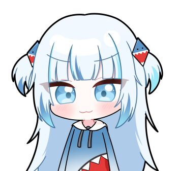 1girl :3 blue_eyes blue_hair blunt_bangs blush chibi commentary_request gawr_gura hair_ornament highres hololive hololive_english hood hood_down hoodie long_hair long_sleeves looking_at_viewer moka_chino multicolored_hair smile solo streaked_hair two_side_up upper_body virtual_youtuber white_hair