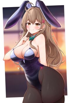 1girl absurdres ahoge animal_ear_hairband animal_ears black_leotard black_pantyhose blue_bow blue_bowtie bow bowtie breasts brown_eyes brown_hair detached_collar fake_animal_ears finger_to_mouth hairband highres large_breasts leotard long_hair megumana original pantyhose playboy_bunny rabbit_ears solo strapless strapless_leotard wrist_cuffs