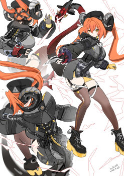 Rule 34 | 1girl, absurdres, ammunition, asymmetrical gloves, black gloves, black hat, black horns, black shoes, breasts, brown thighhighs, commentary, curled horns, dress, fingerless gloves, gloves, green eyes, gun, hair between eyes, hat, highres, holding, holding knife, horns, kkkula (kula), knife, large breasts, long hair, magus (zenless zone zero), mechanical horns, mechanical tail, mismatched gloves, multiple views, orange hair, orange pupils, orphie magnusson, pointy ears, shoes, single fingerless glove, tail, thighhighs, twintails, untranslatable commentary, weapon, white background, yellow gloves, zenless zone zero, zipper dress