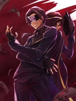 2boys black_hair cape cid_kagenou cid_kagenou_(john_smith) closed_mouth code_geass commentary_request crossover fingerless_gloves fukuyama_jun gloves grin highres holding holding_mask itsudzumi jacket kage_no_jitsuryokusha_ni_naritakute! lelouch_vi_britannia long_hair male_focus mask money multiple_boys necktie ponytail purple_eyes short_hair smile teeth thread voice_actor_connection zero_(code_geass)