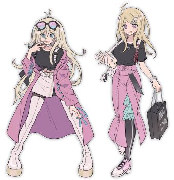 2girls ahoge akamatsu_kaede antenna_hair bag belt_collar black_shirt blonde_hair blue_eyes blush boots choker coat collar commentary_request danganronpa_(series) danganronpa_v3:_killing_harmony fishnet_pantyhose fishnets fortissimo full_body hair_between_eyes hair_ornament hand_on_own_knee holding holding_bag iruma_miu jewelry leggings legs_apart long_hair long_sleeves looking_at_viewer monokuma multiple_girls musical_note musical_note_hair_ornament nail_polish necklace off_shoulder open_mouth pantyhose pink_coat pink_skirt purple_eyes shirt skirt smile standing t-shirt thigh_boots v v_over_mouth waving white_background white_skirt xiao_(grsnss25)