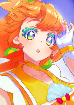 1girl :o blue_background blue_eyes blush border brooch choker close-up colored_eyelashes commentary cure_papaya earrings ei_(eikun) english_commentary fingerless_gloves fruit_earrings gloves hand_in_own_hair highres ichinose_minori jewelry long_hair multicolored_eyes open_mouth orange_hair orange_sailor_collar precure sailor_collar shell_brooch tropical-rouge!_precure white_border white_gloves yellow_choker yellow_eyes