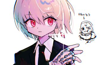 1boy blonde_hair chain closed_mouth earrings formal_clothes hand_chains highres hunter_x_hunter jewelry kurapika male_focus necktie nen_(hunter_x_hunter) red_eyes short_hair solo suit sushiuma_m upper_body