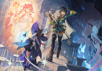 Rule 34 | 1boy, 3girls, black dress, black hair, black thighhighs, blue eyes, blue gloves, boots, breasts, brown gloves, brown shoes, cocodar, dress, genshin impact, gloves, gold trim, green hair, green jacket, hat, highres, holding lamp, hoyofair, jacket, kinich (genshin impact), long hair, mavuika (genshin impact), mona (genshin impact), multicolored hair, multiple girls, official art, orange hair, pants, sangonomiya kokomi, second-party source, shoes, streaked hair, thighhighs, very long hair, white dress, white pants, witch hat