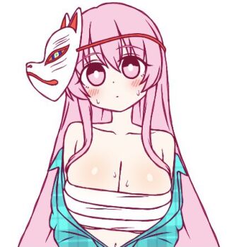 1girl blue_shirt blush breasts bright_pupils chest_sarashi closed_mouth commentary expressionless fox_mask hata_no_kokoro ketsumaimo large_breasts long_hair long_sleeves looking_at_viewer lowres mask mask_on_head open_clothes open_shirt pink_eyes plaid_clothes plaid_shirt sarashi shirt simple_background solo touhou unmoving_pattern upper_body white_background white_pupils