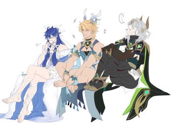 +++ ... 3boys ancient_egyptian_clothes antler_ornament antlers arm_ribbon armlet bandaged_leg bandaged_neck bandages bare_shoulders barefoot black_bandages blonde_hair blue_hair blush_stickers bow bracelet cape claws closed_eyes columbina_(genshin_impact) columbina_(genshin_impact)_(cosplay) commentary cosplay crossdressing crossdressing_(mtf) crossed_legs dress elbow_gloves english_commentary eye_mask facial_hair facial_scar fake_claws flins_(genshin_impact) full_body gem genshin_impact gloves green_gem grey_hair head_back head_wings headpiece highres horns invisible_chair jewelry knees_up kokoadestroyer laughing lauma_(genshin_impact) lauma_(genshin_impact)_(cosplay) long_hair male_focus mask medium_hair microskirt multiple_boys multiple_scars nefer_(genshin_impact) nefer_(genshin_impact)_(cosplay) pale_skin parted_lips rerir_(genshin_impact) ribbon ring sandals scar scar_on_cheek scar_on_face simple_background sitting skirt soles spoken_ellipsis toes usekh_collar varka_(genshin_impact) very_long_hair white_mask white_ribbon wings wrist_bow x-shaped_eyewear