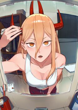 1girl artist_name bare_shoulders black_shorts blonde_hair breasts cesar_art456 chainsaw_man collarbone cross-shaped_pupils highres horns long_hair looking_at_viewer medium_breasts mirror open_mouth power_(chainsaw_man) shirt shorts sleeveless solo symbol-shaped_pupils t-shirt white_shirt yellow_eyes