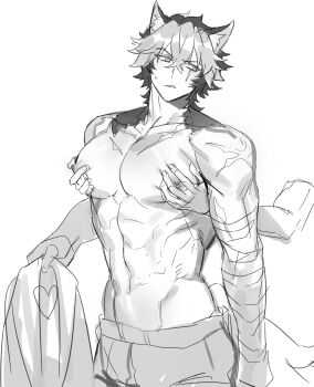 1boy absurdres animal_ears bandaged_arm bandages bare_pectorals commentary dog_boy dog_ears dog_tail from_behind grabbing_another's_pectorals groping highres komano_manato large_pectorals male_focus muscular muscular_male pectoral_focus pectoral_grab pectorals scar scar_on_chest scar_on_face symbol-only_commentary tail zenless_zone_zero