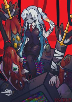 1girl 3others absurdres angela_(project_moon) artist_name black_pantyhose black_skirt black_vest blue_hair cactus closed_eyes closed_mouth collared_shirt corpse cup drinking_glass e.g.o_(project_moon) employee_(project_moon) highres holding holding_cup justitia_(e.g.o) kotori_trinity lobotomy_corporation long_hair long_sleeves mimicry_(e.g.o) multiple_others necktie nugget_(project_moon) pantyhose project_moon red_necktie shirt sitting skirt smile static sword television twilight_(e.g.o) very_long_hair vest weapon white_shirt