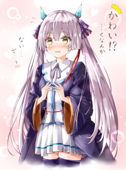 Rule 34 | 1girl, ^^^, absurdres, ayaro (genkiloobaii), black thighhighs, blunt bangs, blunt ends, blush, brown hair, collared shirt, commentary request, cowboy shot, cropped legs, embarrassed, eyelashes, eyes visible through hair, fidgeting, flying sweatdrops, hair ribbon, hands up, heart, heaven burns red, highres, hime cut, long hair, looking ahead, miniskirt, motion lines, neck ribbon, nose blush, ogasawara hisame, pink background, pleated skirt, purple ribbon, red ribbon, ribbon, shirt, sidelocks, simple background, skirt, solo, straight hair, sweatdrop, thighhighs, translated, twintails, very long hair, white shirt, white skirt, yellow eyes, zettai ryouiki