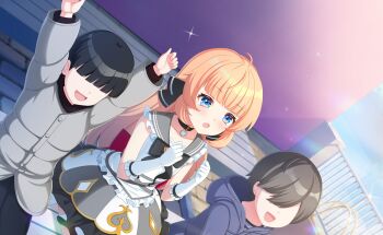 Rule 34 | 1boy, 1girl, 2boys, :d, ahoge, apron, black choker, black hair, blonde hair, blue eyes, blush, building, choker, commentary request, faceless, faceless female, faceless male, frills, game cg, gloves, hair over eyes, highres, hood, jacket, long hair, motosu towa, multiple boys, official art, open mouth, outdoors, skirt, smile, sparkle, third-party source, world dai star