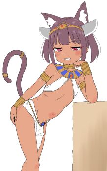 1girl ancient_egyptian ancient_egyptian_clothes animal_ears belly brown_egyptian_cat-eared_loli_(trend) collar dark-skinned_female dark_skin grin head_rest highres jackal_ears loli looking_at_viewer metal_collar nail_polish navel red_eyes red_nails smile smug solo standing stomach tail takku thighs touhoku_kiritan usekh_collar voiceroid