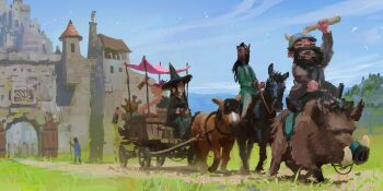 2boys 2girls 2others absurdres animal black_hair blue_robe boar bottle caravan castle dark-skinned_female dark_skin day dirt_road donkey door dreadlocks drinking earrings fake_horns full_body grass green_robe grin helmet highres holding holding_bottle holding_paper holding_reins hoop_earrings horned_helmet horns jewelry long_hair medieval mountainous_horizon multiple_boys multiple_girls multiple_others original outdoors painterly paper path reins riding riding_animal road robe rolled_up_newspaper saddle samuel_smith simple_bird smile staff village