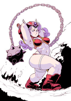 1girl armor armpits bikini_armor boots choker monochrome_background curvy dragon_quest dragon_quest_iii dynamic_pose flail full_body guretsuo helmet highres holding holding_weapon long_hair motion_lines muscular muscular_female navel nipples purple_eyes purple_hair red_armor solo swinging_weapon thick_thighs thighs warrior warrior_(dq3) wavy_hair weapon wide_hips winged_helmet