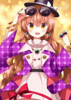 1girl :d adjusting_eyewear alternate_hair_length alternate_hairstyle black_hat blush bow bracelet commentary_request completion_time cowboy_shot dress earrings eyewear_on_head floral_print hair_down hand_on_eyewear hat hat_bow highres jacket jewelry long_hair long_sleeves looking_at_viewer necklace open_clothes open_jacket open_mouth orange_hair pendant print_jacket purple_jacket ring ruu_(tksymkw) smile solo sunglasses top_hat touhou white_bow white_dress yellow_background yellow_eyes yorigami_jo'on
