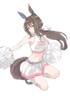 1girl admire_vega_(umamusume) animal_ears bare_shoulders belt blush breasts brown_hair commentary_request crop_top ear_covers hair_between_eyes highres holding holding_pom_poms horse_ears horse_girl horse_tail long_hair low_ponytail medium_breasts midriff navel parted_lips pleated_skirt pom_pom_(cheerleading) pom_poms ponytail purple_belt purple_eyes shirt shoes simple_background single_ear_cover skirt sleeveless sleeveless_shirt socks solo star_(symbol) star_ornament tail umamusume umamusume:_road_to_the_top white_background white_shirt white_skirt white_socks yoiisand