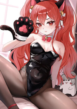 1girl absurdres alternate_hairstyle animal_ear_hairband animal_ears animal_hands bare_shoulders bed_sheet bell black_leotard black_pantyhose blush bow bowtie breasts breasts_apart cat_ear_hairband cat_ears cat_tail commentary covered_navel detached_collar ear_bell eris_greyrat fake_animal_ears fake_tail feet_out_of_frame gloves groin hairband hand_up highleg highleg_leotard highres indoors leotard long_hair looking_at_viewer mushoku_tensei neck_bell official_alternate_hairstyle open_mouth pantyhose paw_gloves pink_bow pink_bowtie playboy_bunny red_eyes red_hair shawn358 side-tie_leotard sitting small_breasts spread_legs strapless strapless_leotard sweat tail thighs twintails very_long_hair window