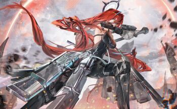 Rule 34 | 1girl, absurdres, arknights, arknights: endfield, arm guards, armor, black dress, blue eyes, blue hair, breasts, cleavage, commentary, detached sleeves, dress, ember (arknights), hair between eyes, hair intakes, halo, highres, long hair, looking at viewer, mechanical halo, medium breasts, motion blur, red hair, see-through cleavage, see-through clothes, sideboob, solo, xiaoraini