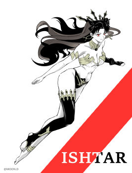 1girl absurdres arm_warmers armlet asymmetrical_legwear asymmetrical_sleeves bikini black_hair breasts cleavage closed_mouth commentary detached_sleeves earrings elbow_gloves fate/grand_order fate_(series) gloves hair_ribbon highres hoop_earrings ishtar_(fate) jewelry long_hair long_legs medium_breasts mismatched_bikini moon.d navel neck_ring parted_bangs red_eyes ribbon single_arm_warmer single_detached_sleeve single_elbow_glove single_thighhigh smile solo swimsuit thighhighs tiara two_side_up uneven_legwear uneven_sleeves