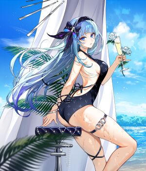 1girl 1i1 arched_bangs ass backless_swimsuit bar_stool black_bow black_hairband black_one-piece_swimsuit blue_eyes blue_hair blue_nails blue_sky blurry blurry_foreground bow bracelet breasts champagne_flute closers cloud cloudy_sky commentary cup day drinking_glass english_commentary feet_out_of_frame fireworks floating_hair flower from_side hair_bow hairband highres holding holding_cup jewelry long_hair looking_at_viewer medium_breasts mixed-language_commentary nail_polish ocean one-piece_swimsuit outdoors parted_lips rose sideboob signature skindentation sky solo standing stool swimsuit thick_eyebrows thigh_strap violet_(closers) wet white_flower white_rose