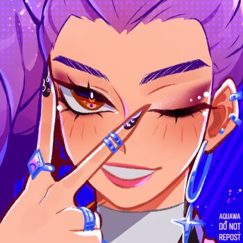 Rule 34 | 1girl, aquawa, artist name, blue background, blush, brown eyes, close-up, commentary, earrings, eyeshadow, fake nails, jewelry, kpop demon hunters, looking at viewer, makeup, one eye closed, pink lips, purple hair, ring, rumi (kpop demon hunters), solo, spanish commentary, turtleneck, v