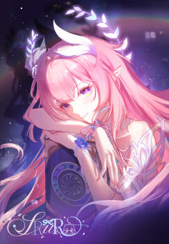 1girl artist_name as_i&#039;ve_written_(honkai:_star_rail) bare_shoulders book closed_mouth commentary cyrene_(honkai:_star_rail) cyrene_(ripples_of_past_reverie)_(honkai:_star_rail) detached_sleeves english_text hair_ornament highres honkai:_star_rail honkai_(series) liu_liaoliao long_hair pink_hair pointy_ears purple_eyes short_sleeves smile solo symbol-shaped_pupils upper_body very_long_hair