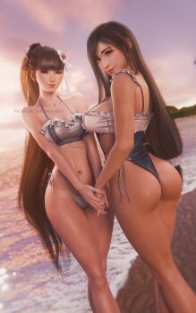 2girls 3d ass beach bikini black_hair blunt_bangs breasts brown_eyes commentary cosplay costume_switch crossover earrings english_commentary eve_(stellar_blade) eve_(stellar_blade)_(cosplay) evening final_fantasy final_fantasy_vii final_fantasy_vii_rebirth final_fantasy_vii_remake flower frilled_bikini frilled_one-piece_swimsuit frills hair_flower hair_ornament highleg highleg_one-piece_swimsuit highres holding_hands jewelry large_breasts long_hair looking_at_viewer low-tied_long_hair medium_breasts multiple_girls ocean ocean_maid_(stellar_blade) official_alternate_costume one-piece_swimsuit outdoors patreon_username ponytail red_eyes ria_(baka-neearts) smile stellar_blade sunset swimsuit tifa_lockhart tifa_lockhart_(cosplay) tifa_lockhart_(shining_spirit) very_long_hair water white_bikini