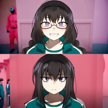 1girl akemi_homura artist_name before_and_after black_hair black_hairband braid cio_(ciosui) commentary english_commentary frown green_jacket hairband highres jacket long_hair mahou_shoujo_madoka_magica mahou_shoujo_madoka_magica_(anime) meme purple_eyes red-framed_eyewear semi-rimless_eyewear smile squid_game twin_braids year_1_&amp;_year_2_(squid_game)_(meme)