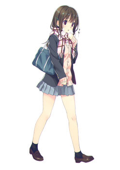 1girl ankle_socks bag black_jacket black_socks blazer brown_hair brown_shoes cardigan cardigan_under_jacket commentary_request full_body hair_ornament hairpin jacket koutaro legs loafers original pink_cardigan red_eyes school_bag school_uniform shoes short_hair simple_background sleeves_past_wrists socks solo translation_request walking white_background