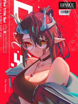 1girl arknights barcode bare_shoulders black_choker black_hair black_jacket black_tank_top breasts choker cleavage colored_skin commentary dragon_horns dusk_(arknights) earrings english_commentary highres horns jacket jewelry looking_at_viewer multicolored_hair nikov off_shoulder pointy_ears red_background red_eyes solo streaked_hair tank_top upper_body