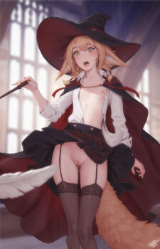 1girl animal_ear_fluff animal_ears black_cloak black_hat black_skirt black_thighhighs blonde_hair blurry blurry_background blurry_foreground cleft_of_venus cloak collared_shirt commentary depth_of_field english_commentary feathers feet_out_of_frame flat_chest fox_ears fox_girl fox_tail garter_straps hat highres holding holding_wand khiara_(personal_ami) miniskirt nipples open_clothes open_mouth open_shirt original personal_ami plaid_clothes plaid_skirt pleated_skirt pussy red_cloak red_hat shirt signature skirt solo standing tail teeth thighhighs two-sided_cloak two-sided_fabric two-sided_headwear two-tone_cloak two-tone_headwear uncensored wand white_shirt witch_hat yellow_eyes