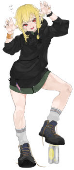 1girl absurdres blonde_hair can commentary drink_can ear_piercing highres hood hood_down original pakupaku_keema piercing red_eyes simple_background solo spiked_ear_piercing white_background