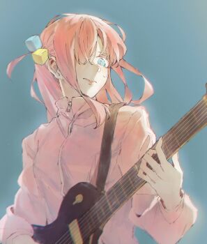 Rule 34 | 1girl, blue background, blue eyes, bocchi the rock!, commentary, cube hair ornament, electric guitar, gotoh hitori, guitar, guitar strap, hair ornament, hashtag-only commentary, highres, instrument, jacket, long hair, long sleeves, one side up, pink hair, pink jacket, simple background, solo, upper body, wavy mouth, xenoee, zipper pull tab