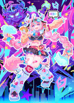 1girl absurdres ahoge animal_ears aqua_hair bandaid bandaid_on_leg bell black_skirt blue_background breasts colorful_background commentary_request cow_ears cow_girl cow_horns cowbell crop_top detached_sleeves ear_bell fingernails food genshin_impact hair_between_eyes hand_up highres holding holding_food horns large_breasts long_hair looking_at_viewer miniskirt multicolored_hair multiple_views navel open_mouth outline outstretched_arm pink_hair purple_background purple_eyes shoes single_thighhigh skirt speech_bubble stomach streaked_hair taco thighhighs twitter_username varesa_(genshin_impact) very_long_hair viclim-monou white_outline white_thighhighs yellow_sleeves
