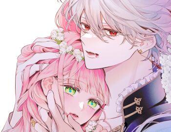 Rule 34 | 1boy, 1girl, absurdres, b etty01tm, blood, blood on mouth, blunt bangs, cape, close-up, commentary request, earrings, flower, frilled cape, green eyes, hair between eyes, hana himeru kimi no meteor, hand on another's head, head wreath, highres, jewelry, lavi van valentin, looking at viewer, parted lips, pink hair, red eyes, slit pupils, star-shaped pupils, star (symbol), stella quinwich, symbol-shaped pupils, vampire, white background, white flower