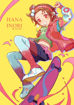 1girl absurdres bow braid braided_bangs brown_hair character_name clenched_hand flower hairband highres hood hooded_jacket jacket jumping lava_indifferent medalist_(manga) miniskirt navel open_clothes open_jacket open_mouth pantyhose pink_eyes pom_pom_(clothes) print_jacket red_pantyhose shirt shoes short_hair shorts simple_background skateboard skirt smile sneakers solo white_shoes yellow_background yuitsuka_inori