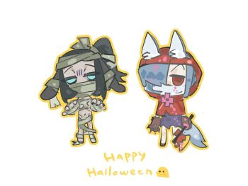 Rule 34 | axe, bandages, stomach, blood, blood on face, blood on hands, hallow (skullgirls), hood, mask, mouth mask, mummy costume, navel, shaw annie33494, skullgirls, surgical mask, valentine (skullgirls)