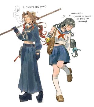 2girls ? aerith_gainsborough aerith_gainsborough_(midgard_seventh_high_school) ashlena_sharma bag black_gloves black_hair black_serafuku black_skirt blue_sailor_collar blue_scrunchie blue_skirt blush bomb_(final_fantasy) boots bracelet brown_bag brown_hair brown_shoes character_charm charm_(object) chocobo cigarette commentary delinquent english_text final_fantasy final_fantasy_vii final_fantasy_vii:_ever_crisis flying_sweatdrops full_body gloves hair_ornament hair_scrunchie highres holding holding_staff jewelry kneehighs long_hair long_skirt low-tied_long_hair midriff mouth_hold multiple_girls navel neckerchief official_alternate_costume pleated_skirt red_neckerchief sailor_collar school_bag school_uniform scrunchie serafuku shoes shoulder_bag simple_background skirt smoking socks staff standing standing_on_one_leg sukeban symbol-only_commentary tifa_lockhart tifa_lockhart_(midgard_seventh_high_school) white_background white_serafuku white_socks