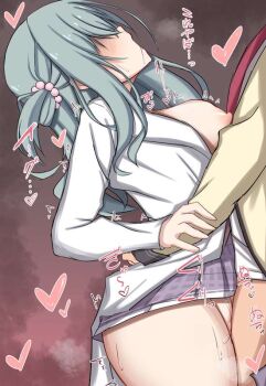 Rule 34 | 1boy, 1girl, arched back, bottomless, breasts, breasts out, clothes lift, deep penetration, grey hair, head back, heart, hetero, hidden eyes, long hair, makochan42, nipples, open mouth, pussy juice, riddle joker, sex, shikibe mayu, skirt, skirt lift, standing, standing missionary, standing sex, straight hair, torso grab, vaginal, yuzusoft