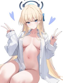 Rule 34 | 1girl, blonde hair, blue archive, blue eyes, blue nails, bow, braid, breasts, buttons, collared shirt, commentary, convenient censoring, double v, dress shirt, hair bow, halo, heart, highres, large breasts, long hair, long sleeves, looking at viewer, multicolored hair, nail polish, naked shirt, nannung, navel, open clothes, open shirt, parted lips, shirt, simple background, solo, stomach, streaked hair, thighs, toki (blue archive), untranslatable commentary, v, very long hair, white background, white shirt