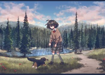 1girl ahoge animal bench brown_hair brown_shoes brown_sweater contrapposto day dog facing_down fetch freckles full_body grass grey_socks happy highres kneehighs long_sleeves mountainous_horizon neck_ribbon original outdoors path plaid_clothes plaid_skirt playing popopoka red_ribbon ribbon road shoes skirt smile socks solo sophie_(popopoka) stick sweater teeth tree